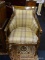 BARREL SIDE CHAIR; WOODEN, BARREL SHAPED SIDE CHAIR WITH A BEIGE PLAID UPHOLSTERED SEAT AND A