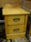 SMALL OAK SIDE TABLE; SMALL 2-DRAWER SIDE TABLE WITH BACKSPLASH, HAS TWO STACKED DRAWERS WITH BRONZE