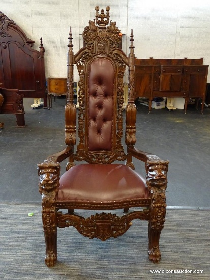LORD RAFFLES LION THRONE CHAIR; LARGE RED LEATHER BOUND, THRONE CHAIR WITH HAND CARVED SCROLLING