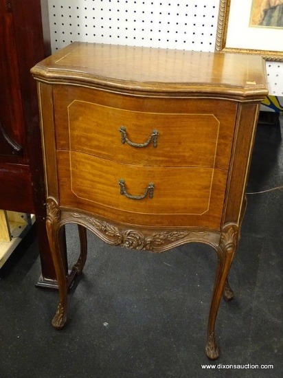 CHESTERFIELD FURNITURE NIGHTSTAND; BOW FRONT, WOODEN NIGHTSTAND WITH 2 DRAWERS, AN INLAID RIM AROUND