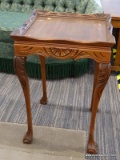 MAHOGANY QUEEN ANNE SIDE TABLE; QUEEN ANNE SIDE TABLE WITH CARVED DETAILING ALONG RIM, SKIRT, AND