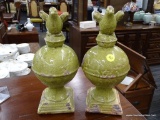 ANTIQUE CERAMIC BIRDS ON TOP OF WORLD STATUES; TWO SCULPTURES OF BIRDS ATOP GLOBES WITH PEDESTAL