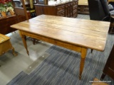 EARLY 4-BOARD FARM TABLE; 4-BOARD KITCHEN TABLE WITH SHERATON LEGS. HAS SOME WEAR. MEASURES 5 FT X