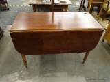 MAHOGANY DROP SIDE TABLE; WOODEN, 3-PANEL DROP LEAF TABLE WITH SHERATON LEGS AND BRASS CAPPED FEET.