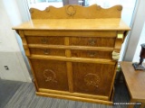 OAK MURPHY'S; FULL SIZED WOODEN FOLD-AWAY BED FRAME UNIT, HAS WREATH ACCENTED BACKSPLASH AND FOUR