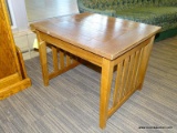 ARTS AND CRAFTS SIDE TABLE; WOODGRAIN END TABLE WOODEN ACCENT SLATS ON TWO SIDES. MEASURES 2 FT X 28