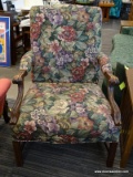 (WINDOW) 1 OF A PAIR OF FLORAL UPHOLSTERED GEORGE WASHINGTON ARMCHAIR; SQUARE BACK ARMCHAIR WITH