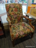 (WINDOW) 1 OF A PAIR OF FLORAL UPHOLSTERED GEORGE WASHINGTON ARMCHAIRS; SQUARE BACK ARMCHAIR WITH