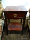 (WINDOW) MAHOGANY NIGHTSTAND; SINGLE DRAWER WOODEN NIGHTSTAND WITH BRASS PULL AND TAPERED BLOCK