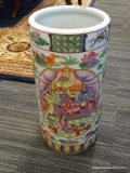 ROSE VERMEIL ORIENTAL HAND PAINTED UMBRELLA STAND. MEASURES 18 IN TALL.