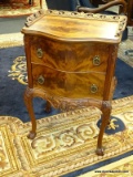 (WINDOW) 1 OF A PAIR OF QUEEN ANNE SIDE TABLES; BURLED WALNUT TWO DRAWER PIERCED TRAY TOP BOW FRONT