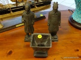 3 PIECE SET TO INCLUDE 2 PAINTED TERRA COTTA JAPANESE WARRIORS.