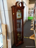 (WINDOW) HOWARD MILLER GRANDFATHER CLOCK; WINDSOR CHERRY FINISHED GRANDFATHER CLOCK WITH DISTRESSED