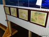 SET OF 4 SILK AND RICE PAPER BIRD AND FLOWER PICTURES. SITS IN A MAHOGANY FRAME. MEASURES 11 IN X