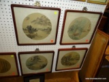 SET OF 4 SILK ON RICE PAPER ORIENTAL SCENES. SITS IN A MAHOGANY FRAME. MEASURES 15.5 IN X 14.5 IN.