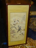 HAND PAINTED SILK ON RICE PAPER; HAS A SCENE OF 2 BIRDS SITTING ON A BRANCH. HAS ORIENTAL CHARACTERS