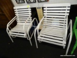 WOOD SLAT GLIDER PATIO CHAIRS; SET OF 2 WHITE PAINTED WOODEN PATIO CHAIR ON A METAL GLIDER FRAME.