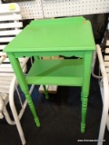 GREEN PAINTED TELEPHONE TABLE; TELEPHONE TABLE WITH A GREEN PAINTED FINISH, A RAISED BACK, A