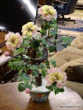 GLAZED PORCELAIN VASE WITH JADE FLOWERS. MEASURES ABOUT 20 IN TALL.