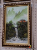 CHEN MAO OIL AND HORSE HAIR PAINTING; TEXTURED LANDSCAPE PRINT OF A PAGODA ATOP OF A WATERFALL, HAS