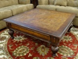 DESIGNER COFFEE TABLE; ASHLEY FURNITURE WOODEN, SQUARE COFFEE TABLE WITH A DRAWER ON 2 OF THE SIDES,