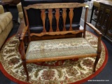 ANTIQUE MAHOGANY SETTEE; WOODEN BENCH WITH SCROLLING ACCENTS AT THE TOP, 5 VASE SHAPED FLORAL CARVED