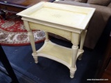 TOLE PAINTED END TABLE; RECTANGULAR, YELLOW PAINTED, RAISED EDGE END TABLE WITH FLORAL SCROLLING
