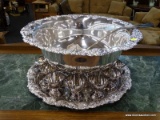 ORNATE SILVER PLATE PUNCH BOWL SET; COMES WITH A PUNCH BOWL, AN UNDERPLATE, 12 PUNCH CUPS, AND