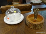 LOT TO INCLUDE A MARBLE WITH GLASS DOME CHEESE PLATE AND A WALNUT NUT CRACKER.