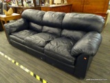 3-CUSHION LEATHER SOFA; BLUE LEATHER CUSHIONED SOFA. MEASURES 90 IN X 35 IN X 32 IN.