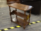 END TABLE WITH MAGAZINE RACK; WOODEN SIDE TABLE WITH A LOWER MAGAZINE RACK AND A LOWER SHELF. HAS