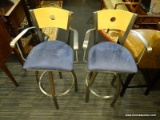 PAIR OF BAR CHAIRS; SET OF 2 MODERN, SWIVEL BAR CHAIRS WITH A WOODEN BACK, A SATIN NICKEL METAL