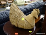 STRAW AND WOOD HEN SCULPTURE; CARVED FOLK ART SCULPTURE OF NESTING HEN COMPRISING OF BOUND AND