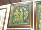 THAI EMBOSSED RUBBINGS WALL ART; DEPICTS 3 SERVANT WOMEN THAT APPEAR TO BE CARRYING BOWLS SOMEWHERE.