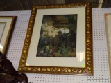 FRAMED FLORAL PRINT; DEPICTS A FLOWER GARDEN OUTSIDE OF A HOME WITH WHITE AND PINK FLOWERS. MATTED