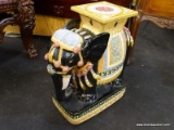 ORIENTAL ELEPHANT PLANT STOOL; GREEN, YELLOW, LIGHT BLUE, AND RED PAINTED, CERAMIC, ORIENTAL