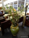 ARTIFICIAL PLANT WITH LARGE POT; LARGE ARTIFICIAL PLANT WITH WHITE AND LIGHT YELLOW FLOWERS IN A