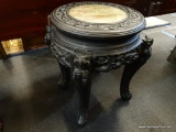 ANTIQUE ROSEWOOD WITH MARBLE INSERT PLANT STAND WITH LIONS HEAD CARVED LEGS AND INTRICATE CARVINGS.