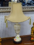 ALABASTER TABLE LAMP; COME WITH AN ORIENTAL STYLE PAGODA SHADE WITH TASSELS. HAS A ROSEWOOD STAND.