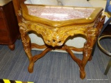 DEMI LOOM, ASIAN INSPIRED HALL TABLE WITH PINK MARBLE INSERTED TOP AND INTRICATE CARVED SKIRT AND