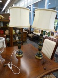 PAIR OF MARBLE AND BRASS TABLE LAMPS; SET OF 2 TABLE LAMPS WITH GREEN MARBLE AND ORIENTAL DETAILED