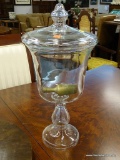 1 OF A PAIR OF APOTHECARY JARS; LIDDED, BLOWN GLASS APOTHECARY JAR, COMES WITH A SCOOP. LIKELY USED