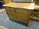 OAK 3-DRAWER DRESSER WITH MIRROR AND ORIGINAL PULLS. HAS KEY HOLES BUT MISSING KEYS.