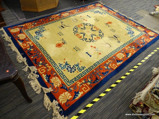 ORIENTAL AREA RUG; CREAM, BLUE, AND RED ORIENTAL AREA RUG WITH A FLORAL PATTERN. HAS A FLORAL