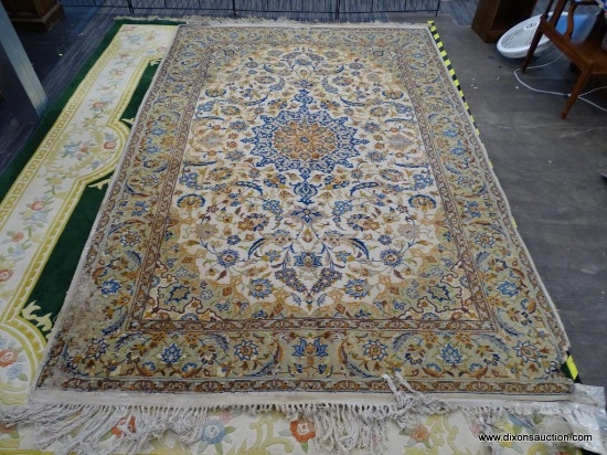 FLORAL AREA RUG; BLUE, BEIGE, AND CREAM AREA RUG WITH A FLORAL PATTERN. HAS A BEIGE COLOR BASE THAT