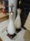 (GAR) PAIR OF CERAMIC TABLE LAMPS; PAIR OF CREAM AND BROWN OBLONG TABLE LAMPS ON SQUARE BASE. NO