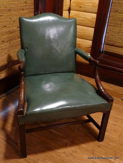 (BDEN) VINTAGE GREEN LEATHER SIDE CHAIR; GREEN LEATHER UPHOLSTERED ARMS WITH NAILHEAD DETAILING,