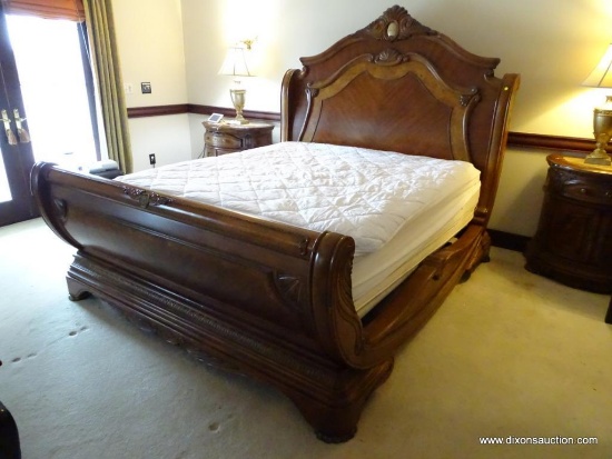 (MBR) MICHAEL AMINI KING SIZE CUSTOM MADE BED; BEAUTIFUL TWO-TONE WOOD SLEIGH BED WITH FAN CARVED