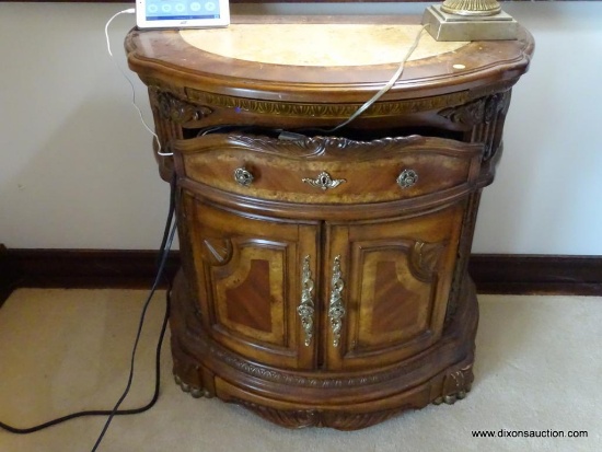 (MBR) MICHAEL AMINI CUSTOM MADE NIGHTSTAND; TWO-TONE WOOD NIGHTSTAND WITH FAUX MARBLE TOP, ROUNDED