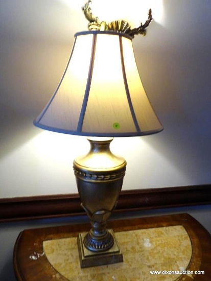 (MBR) TROPHY URN TABLE LAMP; ONE OF A PAIR OF BRUSHED GOLD TONE TROPHY URN LAMPS WITH CARVED LEAF